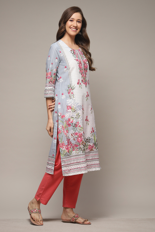 Sky Blue LIVA Straight Printed Kurta image number 4