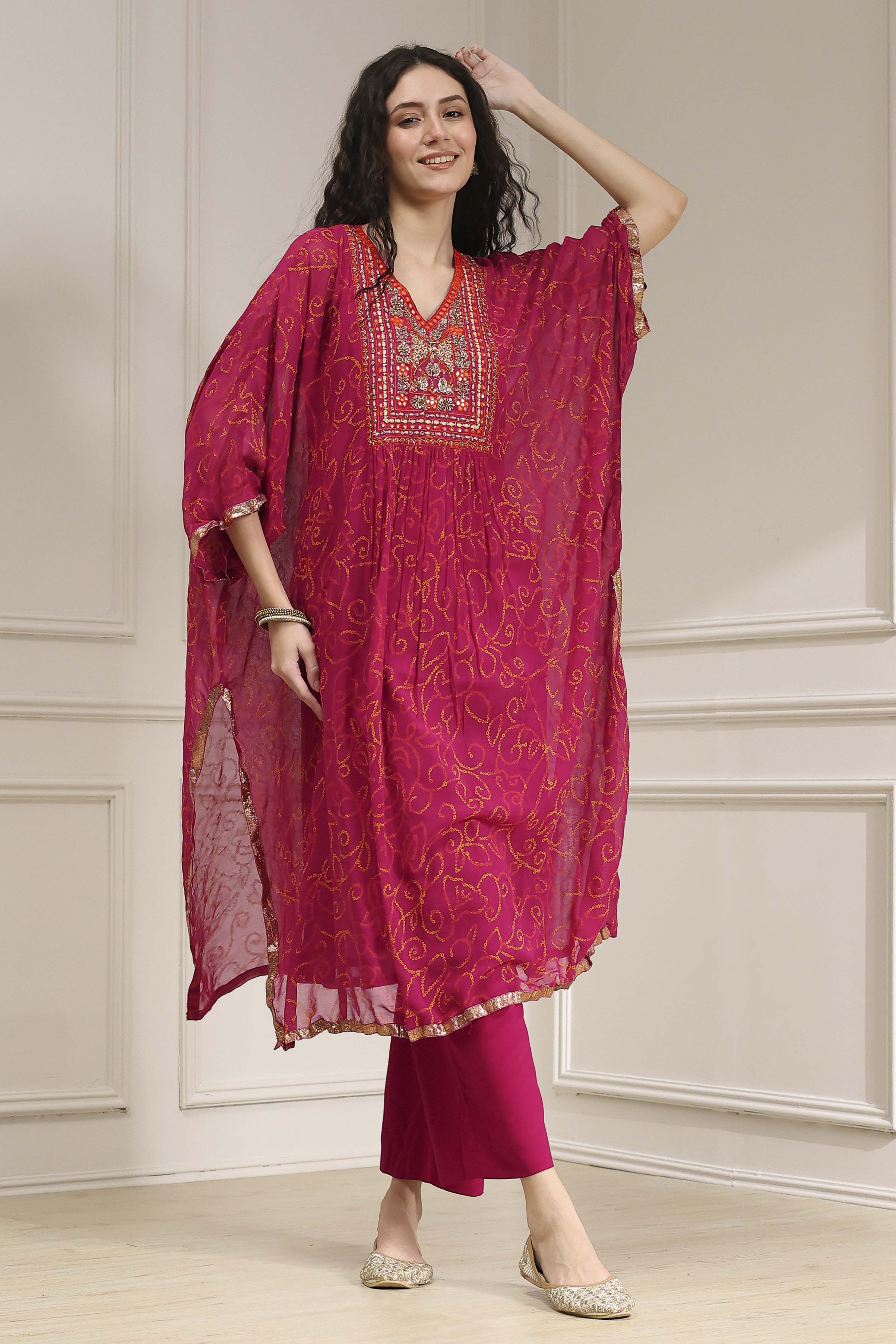 Red Printed Kaftan Style Kurta Set image number 6