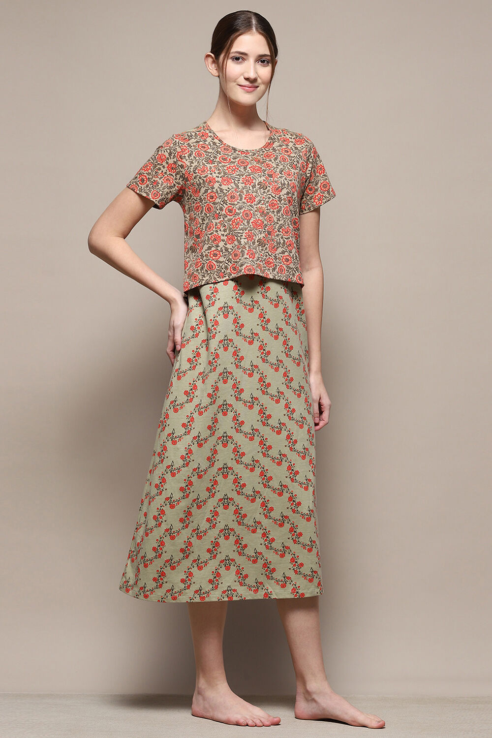 Sage Green Cotton Blend Printed Nightdress image number 4