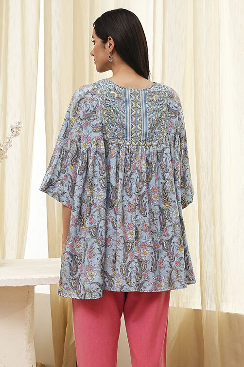 Dull Blue Cotton Flared Short Kurta image number 3