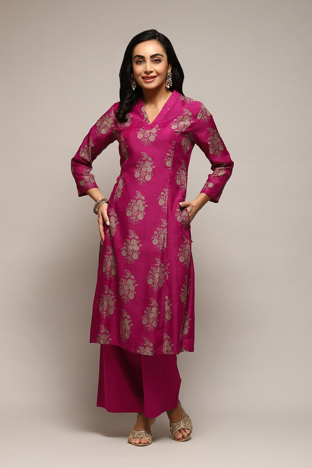 Pink Poly Chanderi A-Line Printed Kurta Palazzo Suit Set image number 0