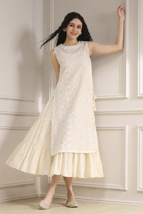 Off White Cotton Layered Suit Set image number 0