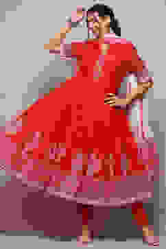 Red Cotton Anarkali Printed Kurta Churidar Suit Set image number 0