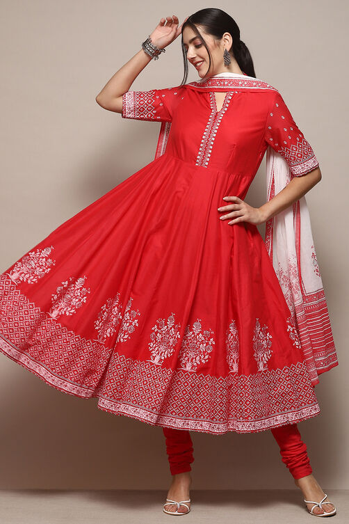Black Cotton Anarkali Printed Kurta Churidar Suit Set image number 0