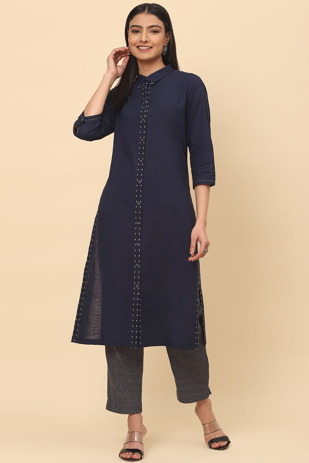 Navy Cotton Straight Fusion Yarndyed Kurta Set image number 0