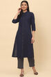 Navy Cotton Straight Fusion Yarndyed Kurta Set