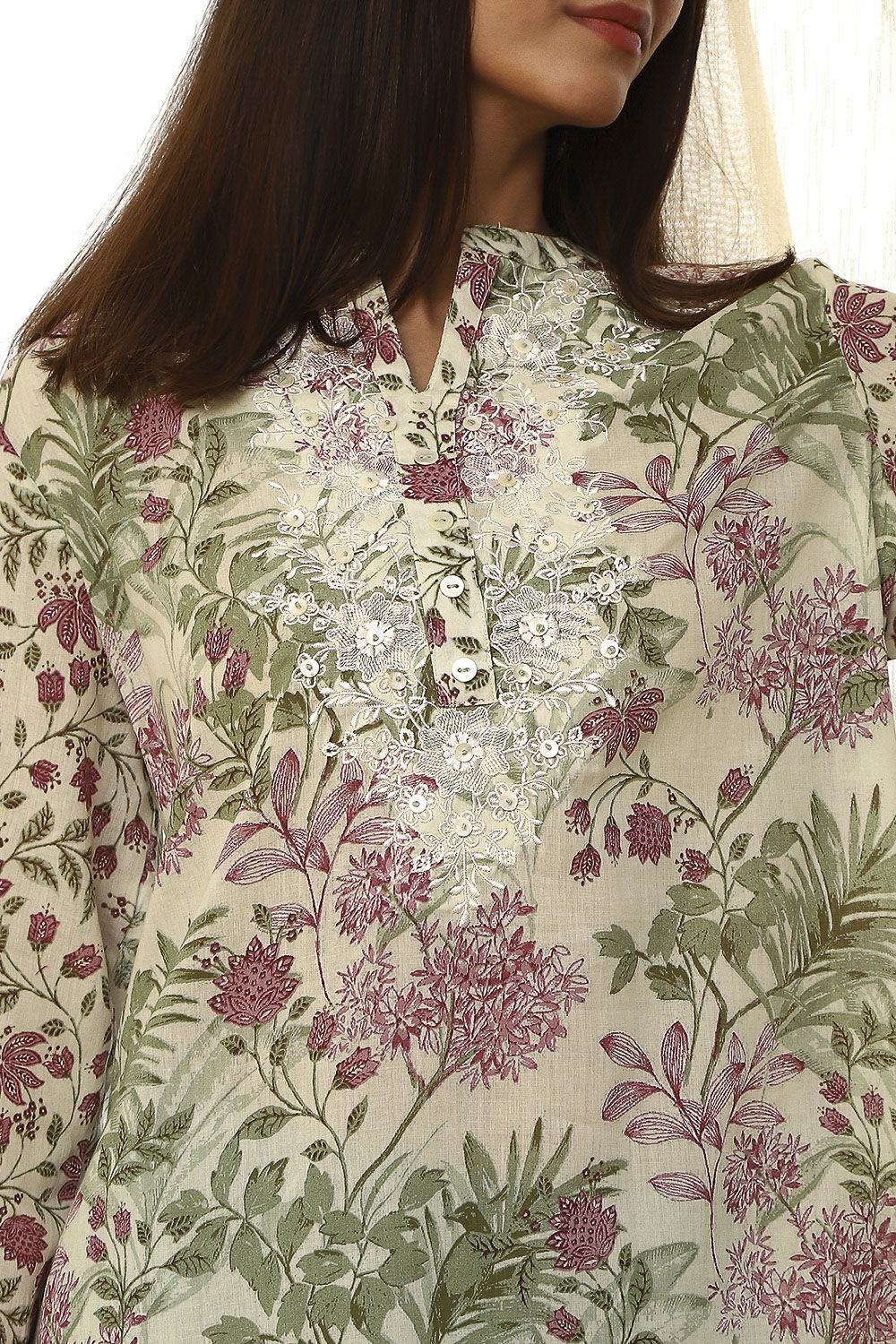 Pastel Green Floral Printed Short Kurta image number 1