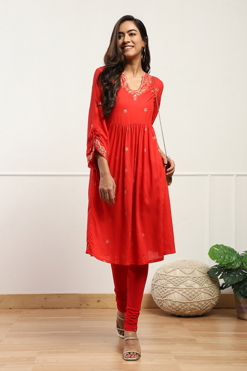 Buy Red Cotton Blend Solid Churidar Online at Biba India