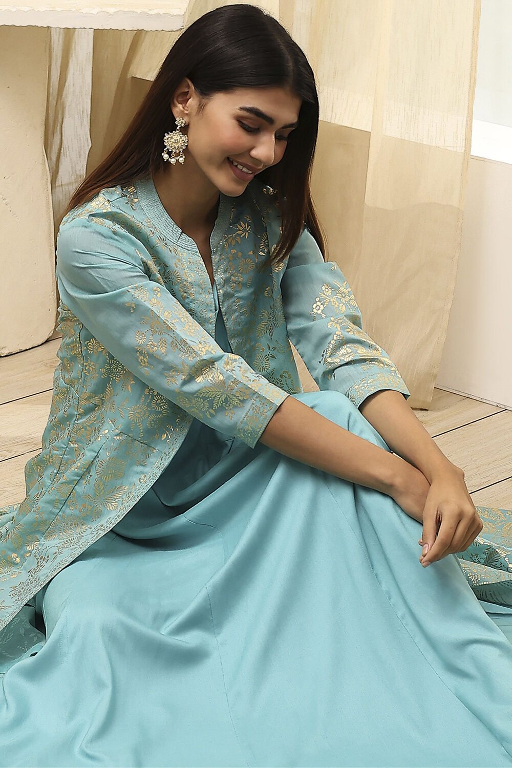 Turquoise Printed Layered Cape Dress image number 0