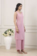 Pink Chanderi Lace Trim Floral Straight Suit Set image number 6
