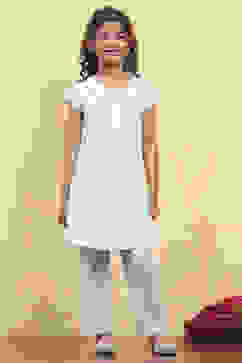 Powder Blue Cotton Straight Printed Kurta Pants Set image number 6