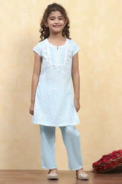 Powder Blue Cotton Straight Printed Kurta Pants Set image number 6