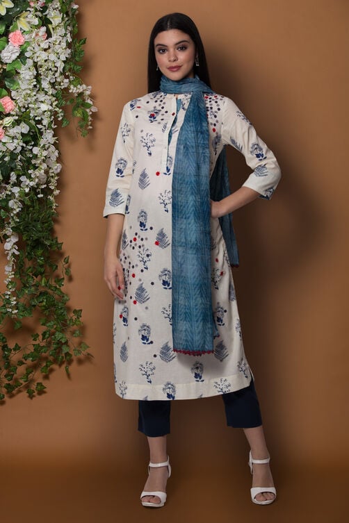 Ivory Cotton Straight Suit Set By Anju Modi image number 0