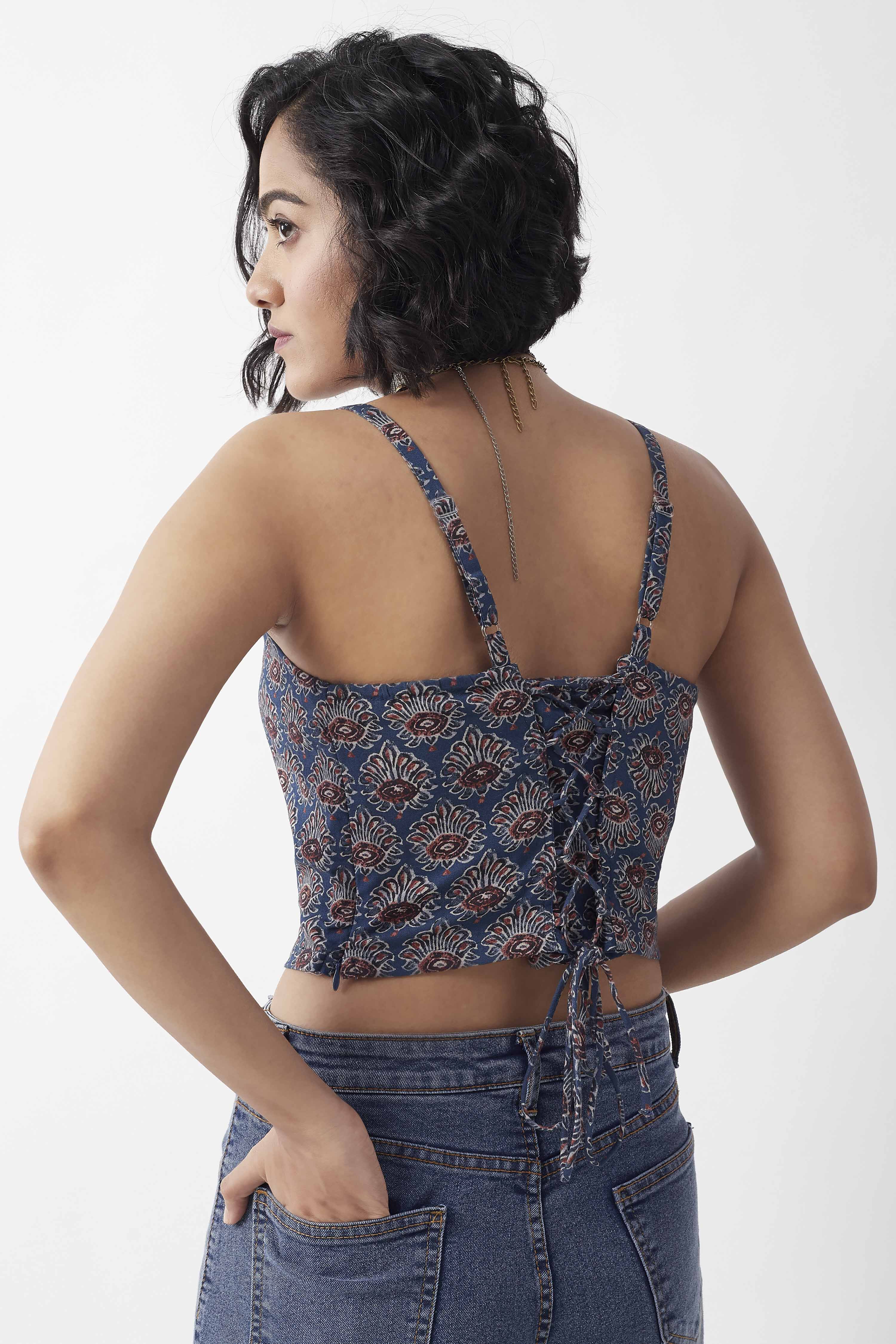 Navy Blue Cotton Floral Printed Fitted Crop Top image number 5