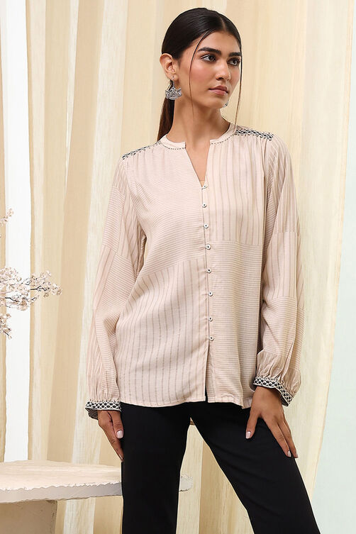 Honey Beige Viscose Rayon Printed Shirt image number 4