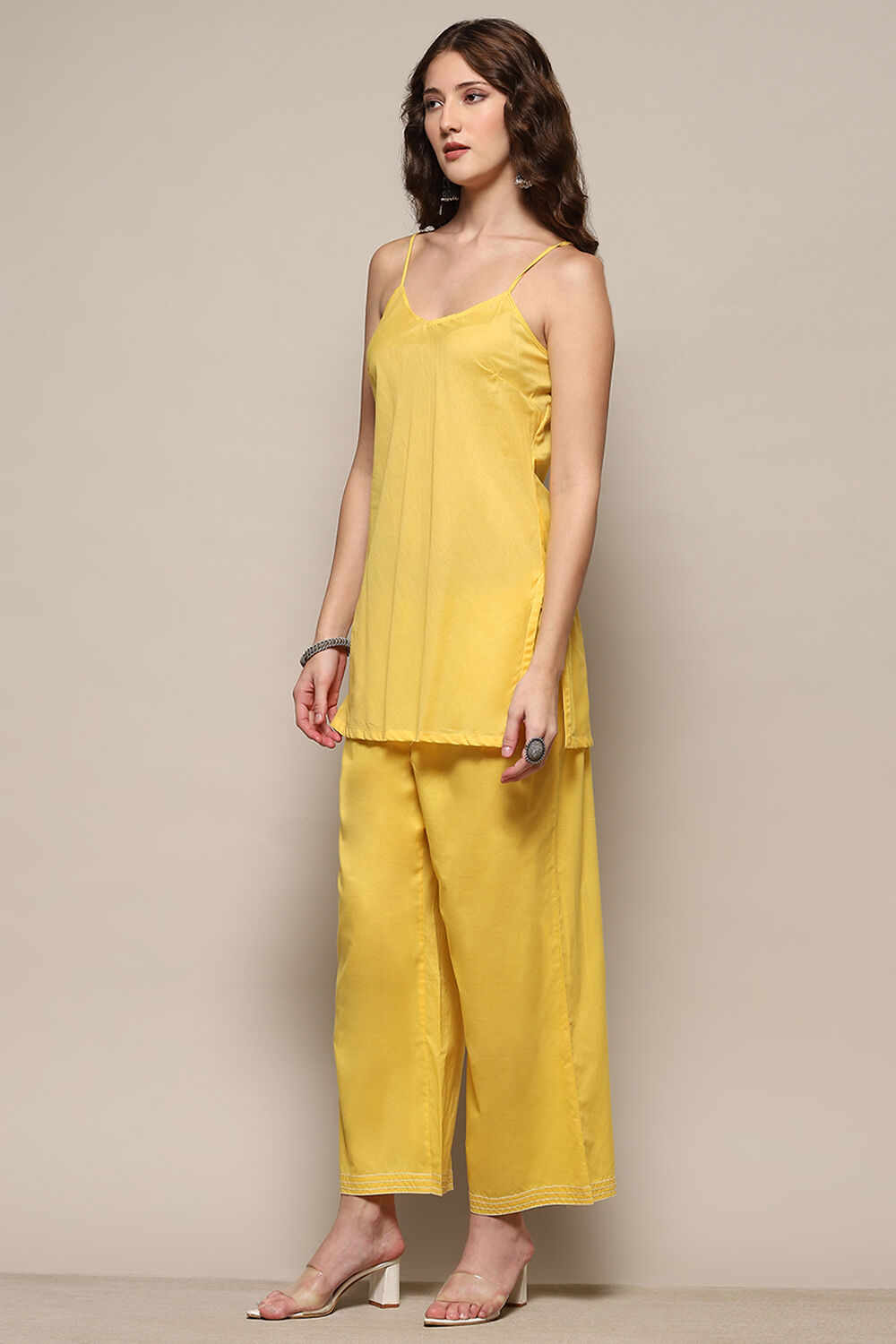 Yellow Cotton Schiffli Kurta & Palazzo Suit Set image number 7