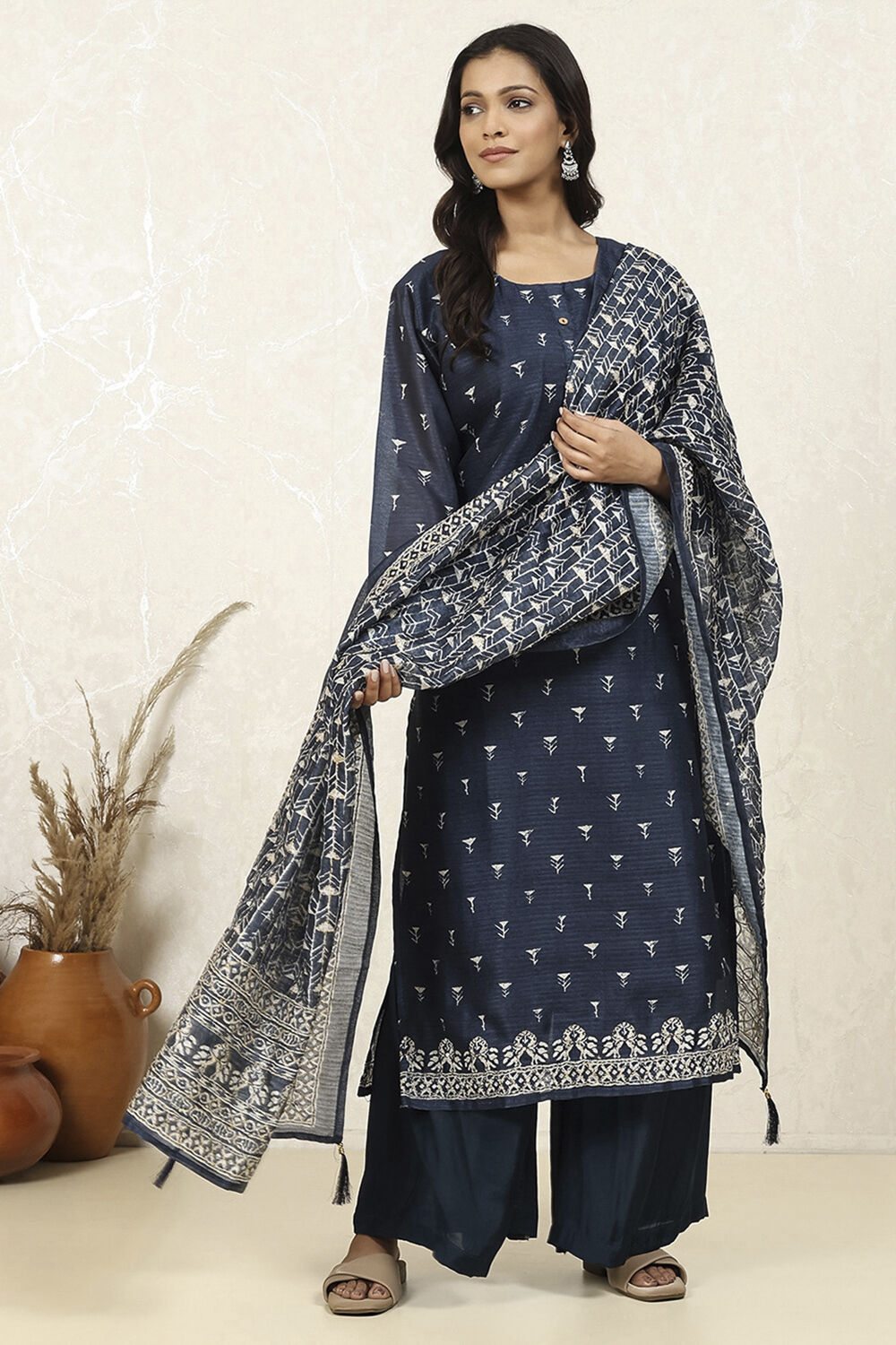 Indigo Silk Blend Printed  Embroidered Unstitched Suit Set image number 1