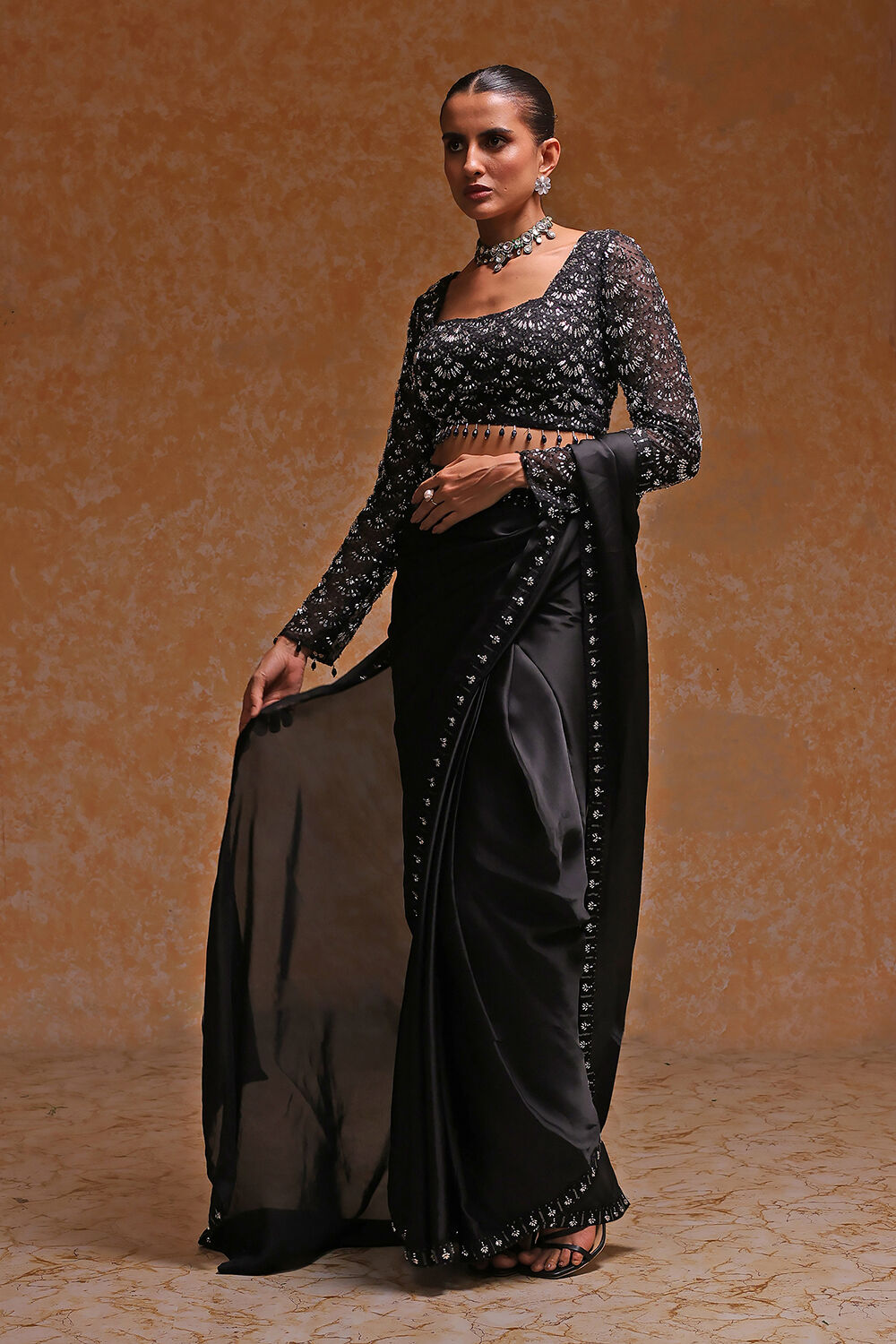 Black Poly Satin Fitted Embroidered Pre-Draped Saree image number 2