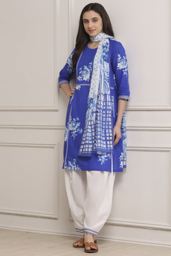 Blue and White Cotton Printed Straight Salwar Suit Set