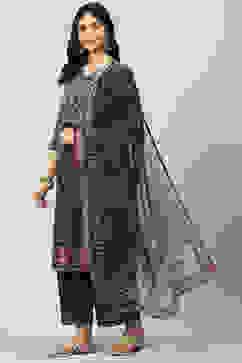 Charcoal Cotton Straight Kurta Slim Pants Suit Set image number 0