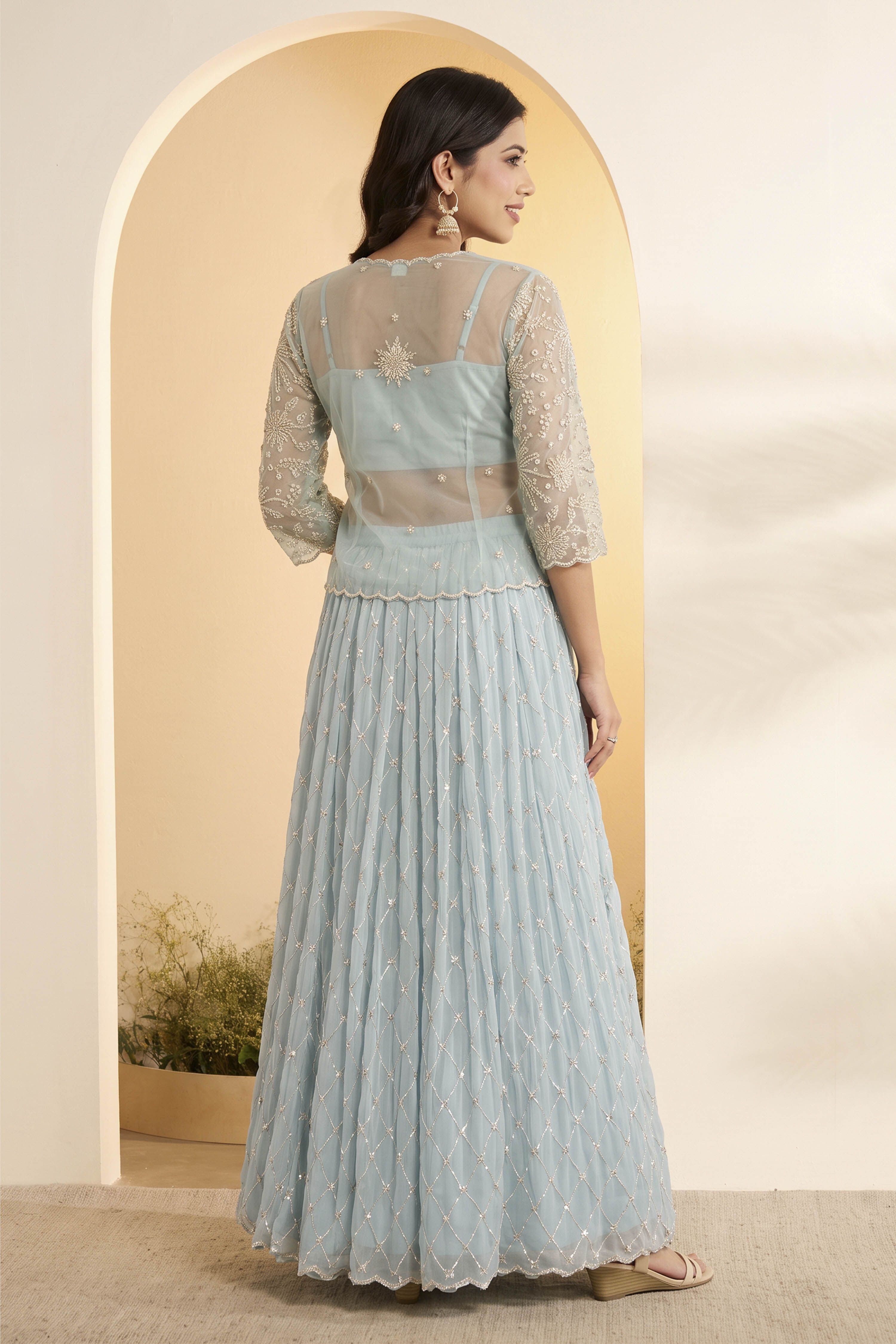 Powder Blue Embroidered Kalidar Fusion Set image number 4