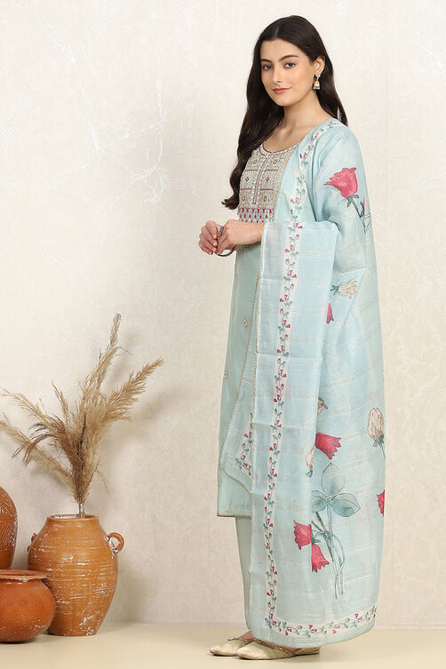Blue Chanderi Machine Embroidered Unstitched Suit Set image number 4