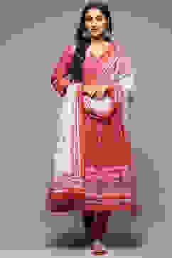 Red Cotton Anarkali Kurta Churidar Suit Set image number 7