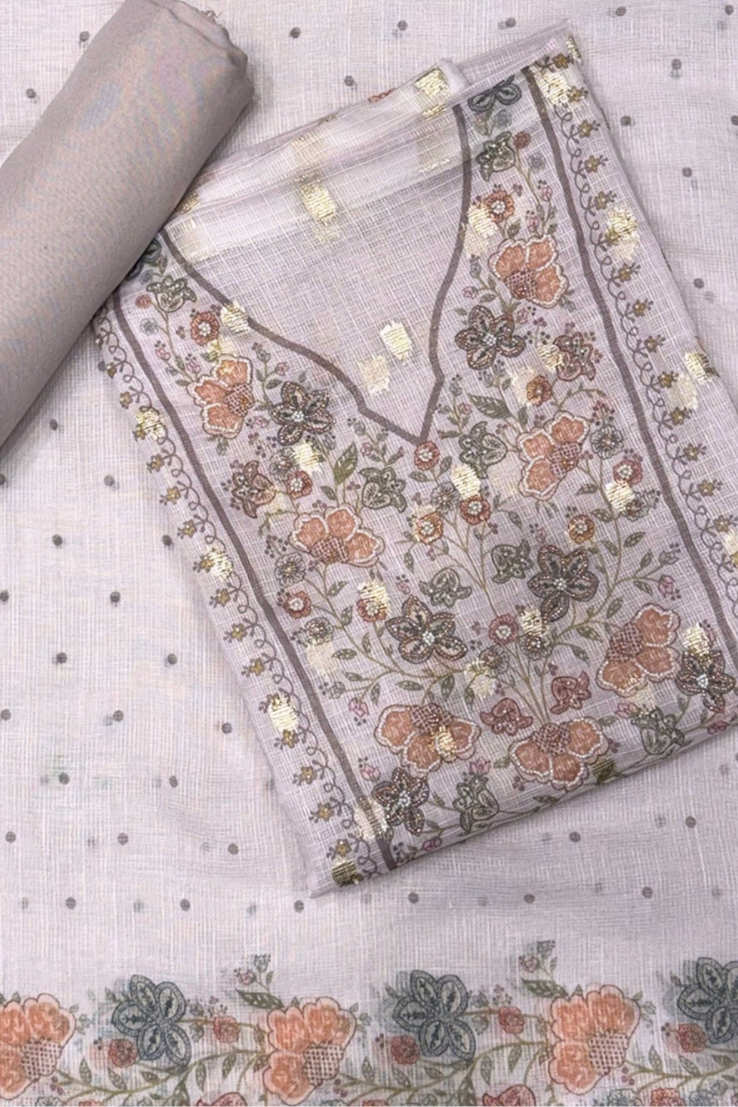 Teal Kota Cotton Neck Embroidered Unstitched Suit Set image number 0