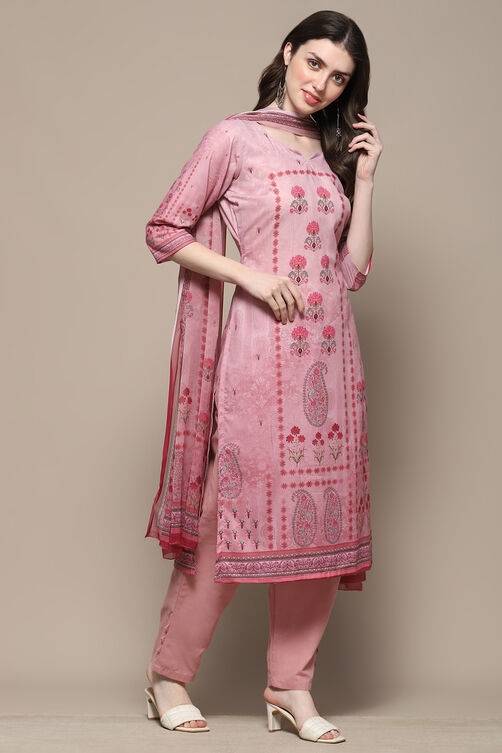 Red Cotton Blend Floral Digital Print Unstitched Suit Set image number 7