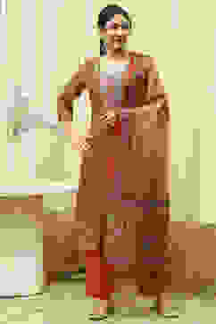 Red Chanderi Machine Embroidered Unstitched Suit Set image number 7