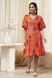 Orange Floral Printed Flared Dress image number 0