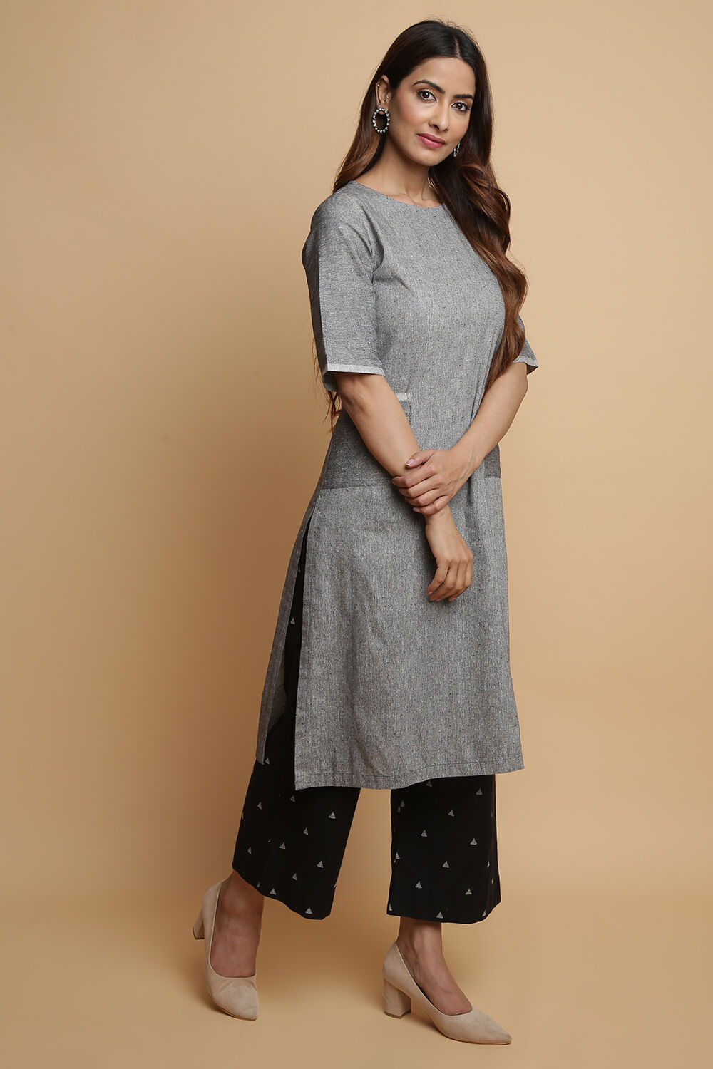 Navy Cotton Straight Kurta Palazzo Suit Set image number 4