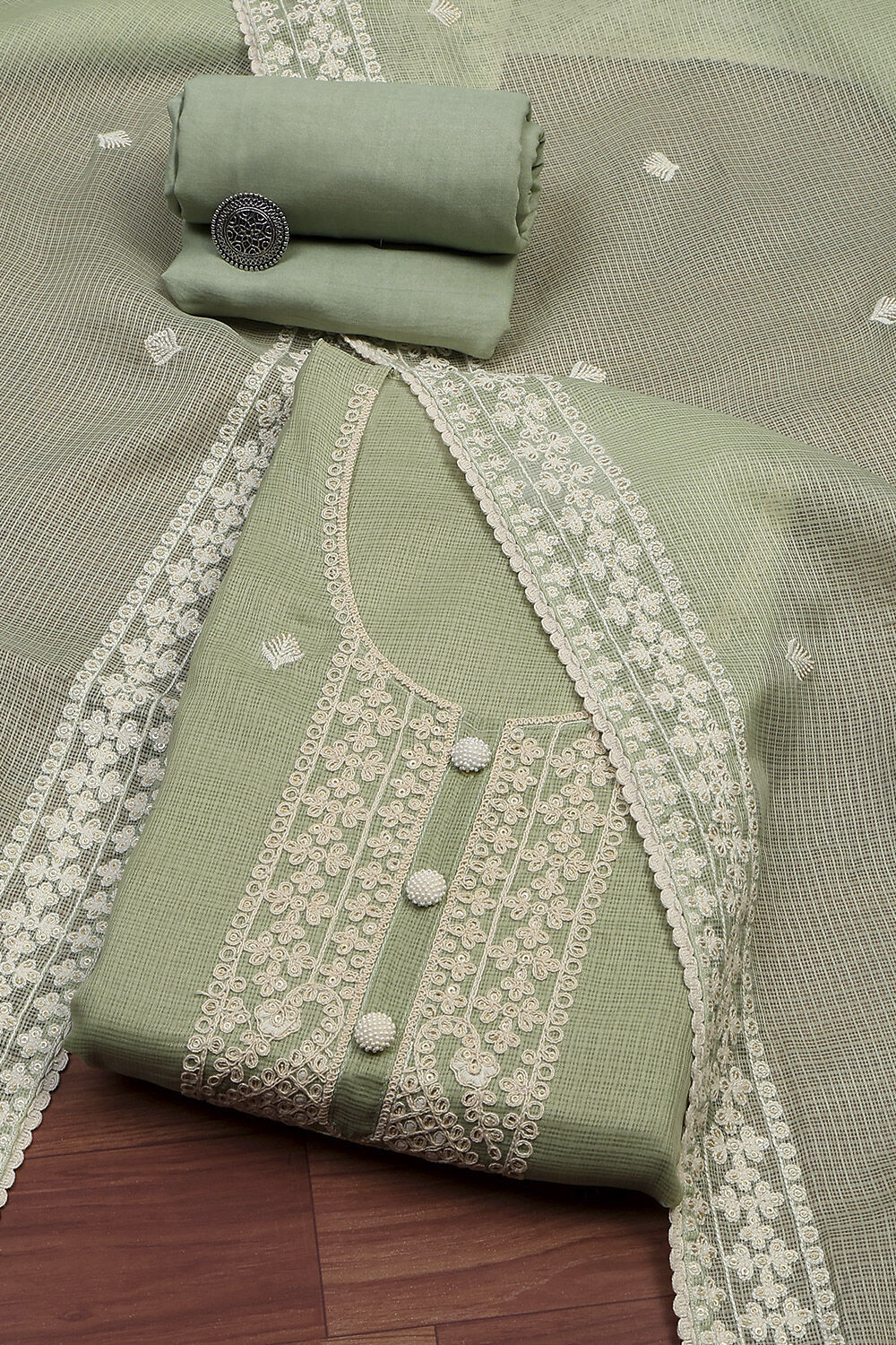 Green Cotton Embroidered Unstitched Suit Set image number 0