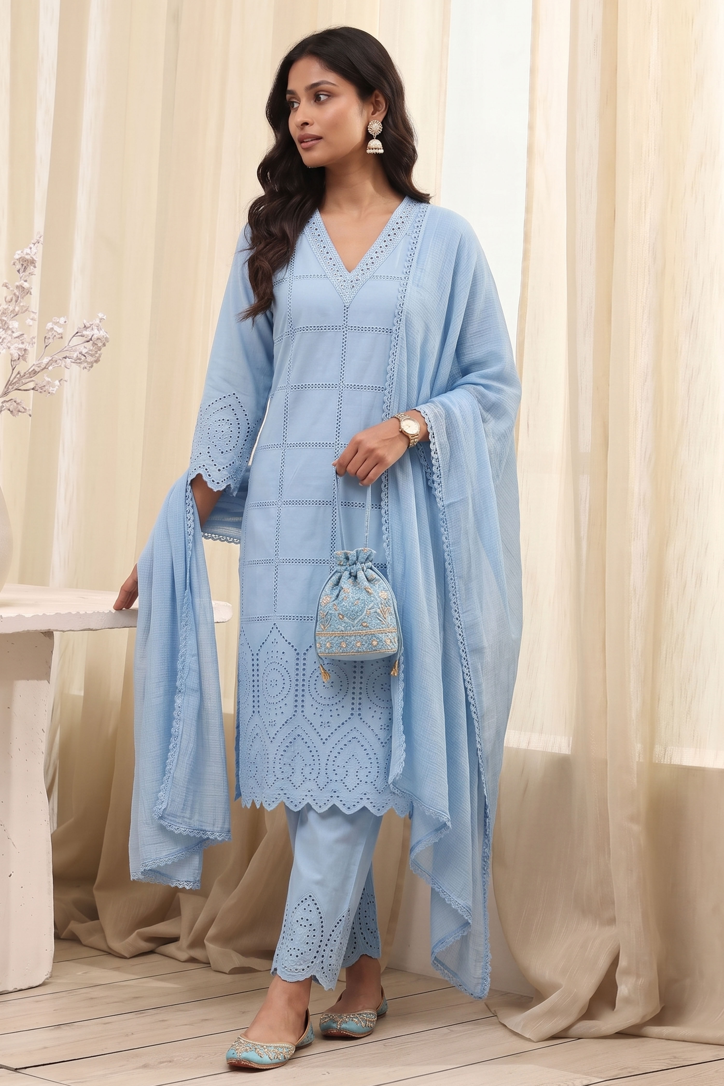 Blue Cotton Straight Suit Set image number 7