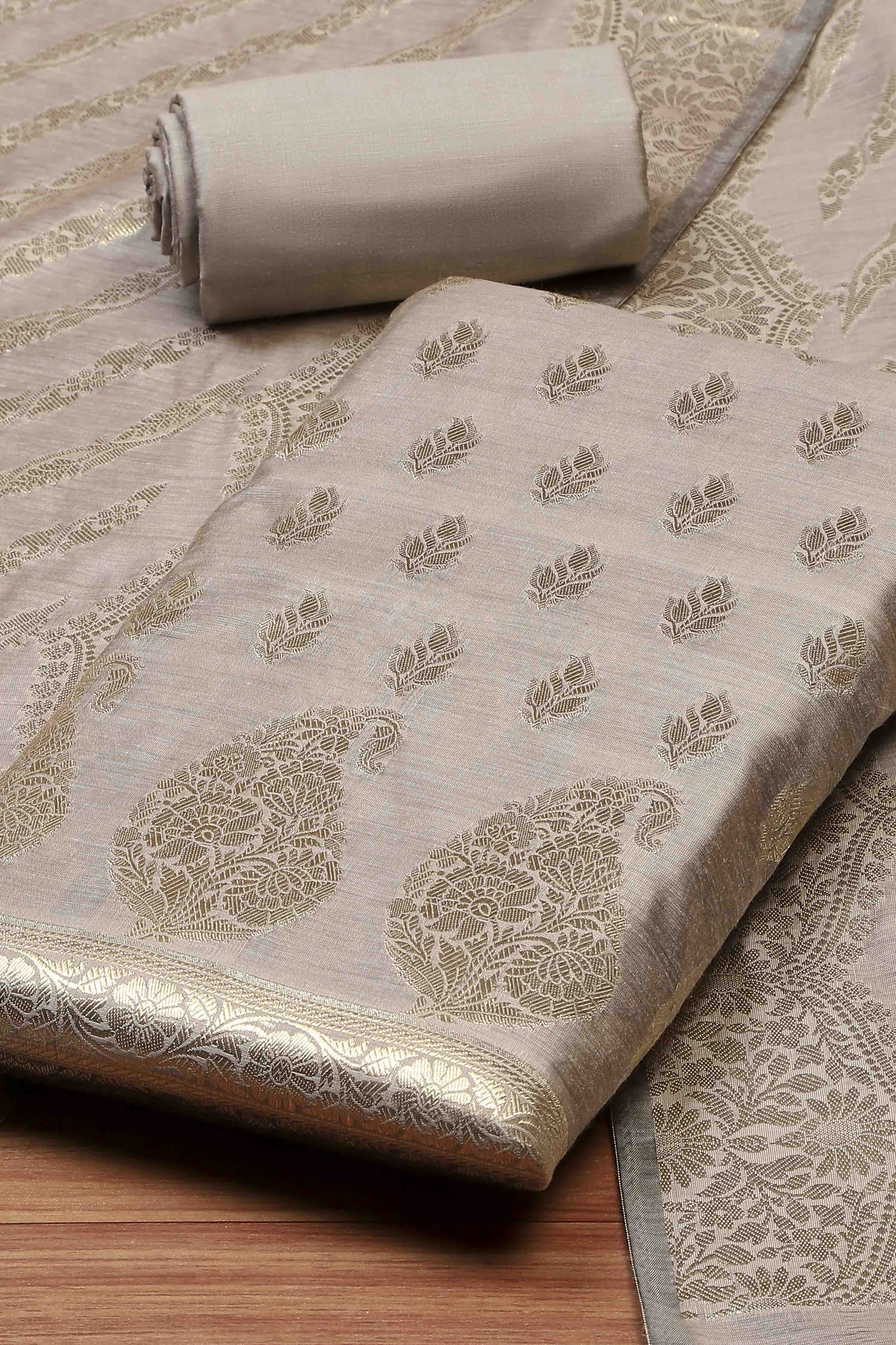 Grey Chanderi  Unstitched Suit Set image number 1