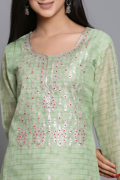 Green Unstitched dress material Suit Set image number 1