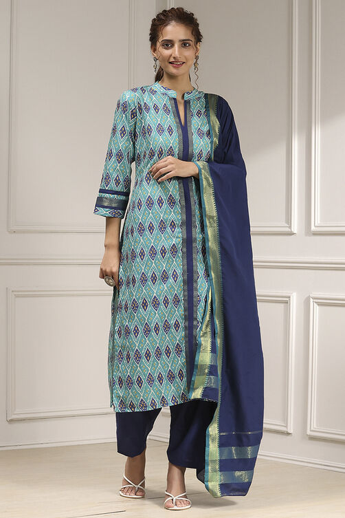 Blue Cotton Modal Digital Print Unstitched Suit Set image number 1