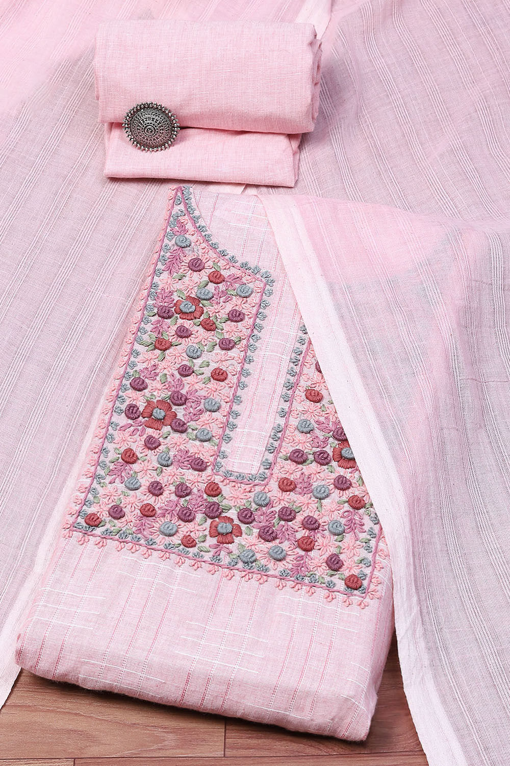 Pink Cotton Embroidered Unstitched Suit set image number 0