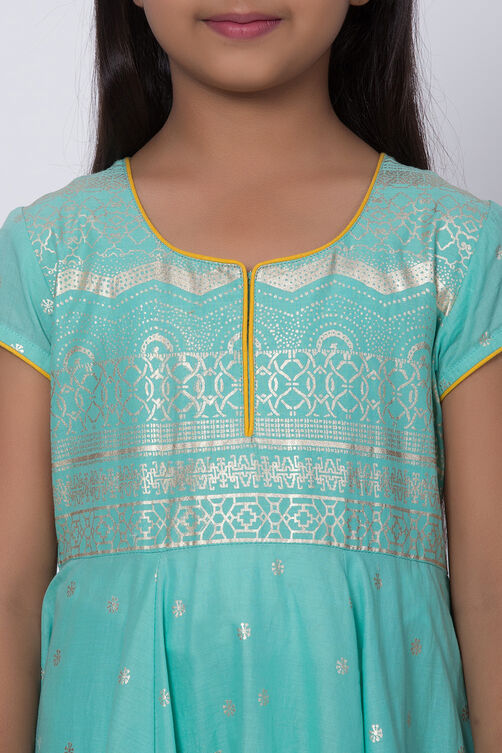 Turquoise Cotton Anarkali Kurta Churidar Suit Set image number 1