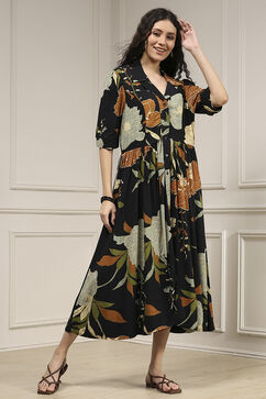 Black Viscose Rayon Straight Printed Dress image number 4