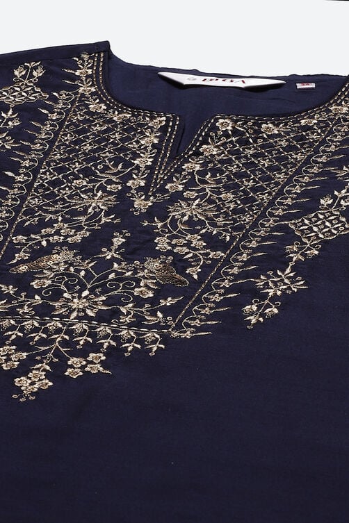 Navy Blue Poly Viscose Straight Kurta Slim Pant Suit Set image number 1