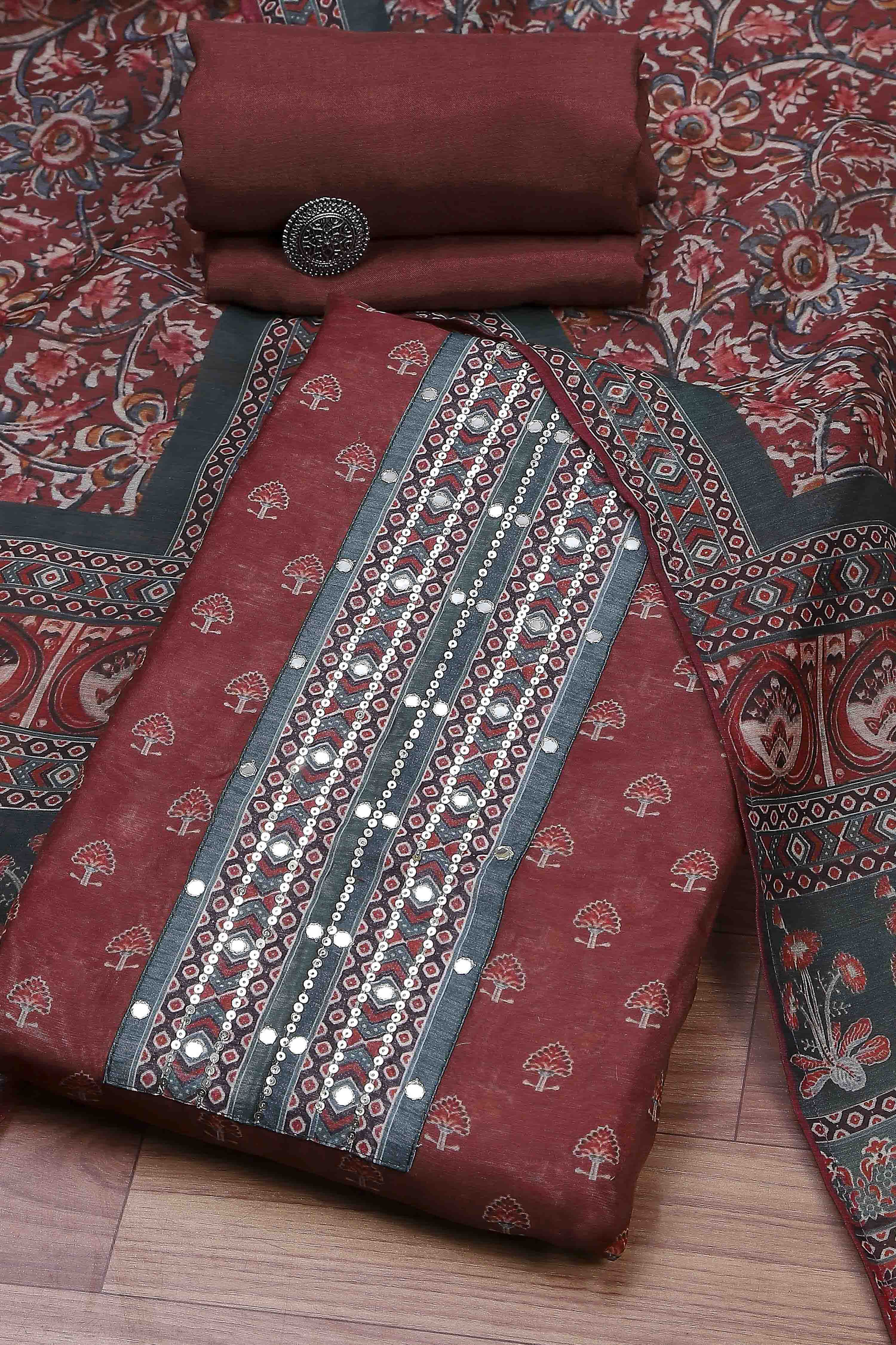 Olive Green Chanderi Rajasthani Print Unstitched Suit Set image number 0