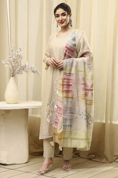 Beige Chanderi Embroidered Unstitched Suit Set image number 7
