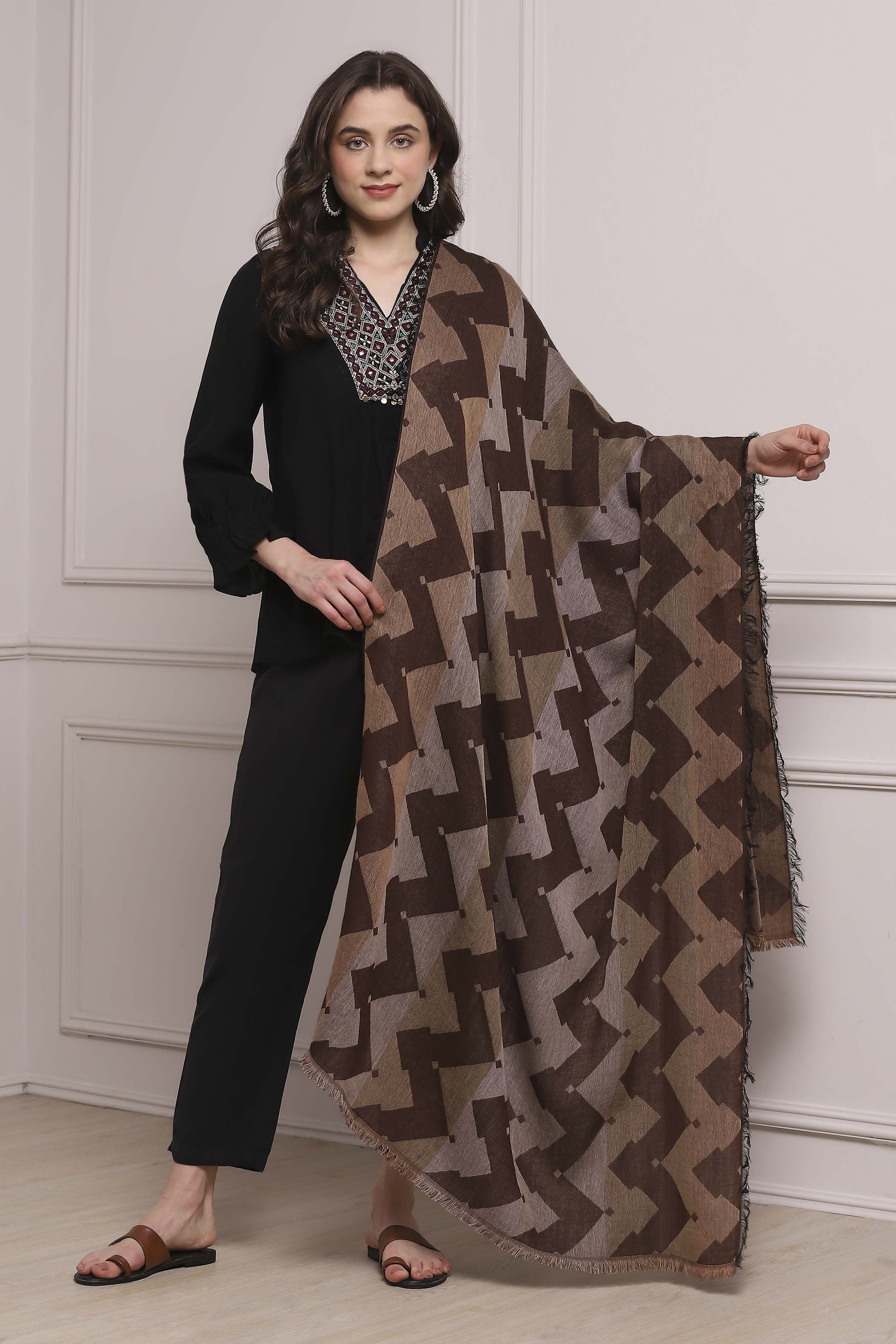 Brown Yarn-Dyed Printed Winter Stole image number 1