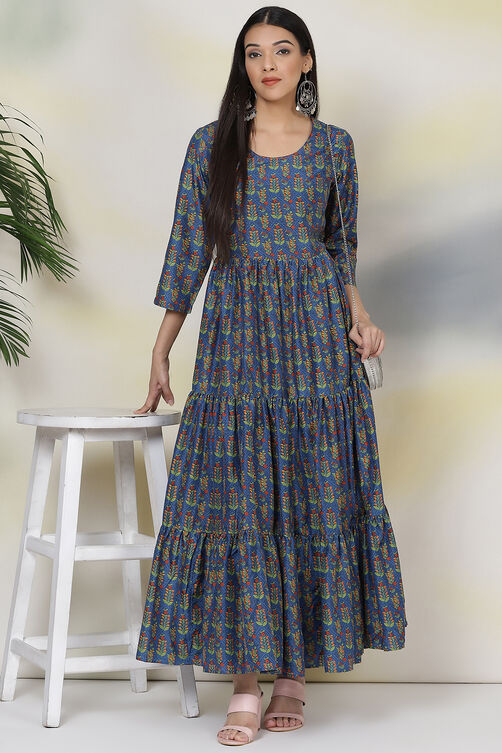 Blue Art Silk Flared Fusion Dress image number 0