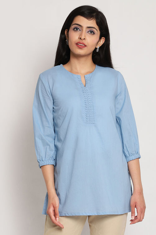 Sky Blue Cotton Short Solid Kurti image number 0