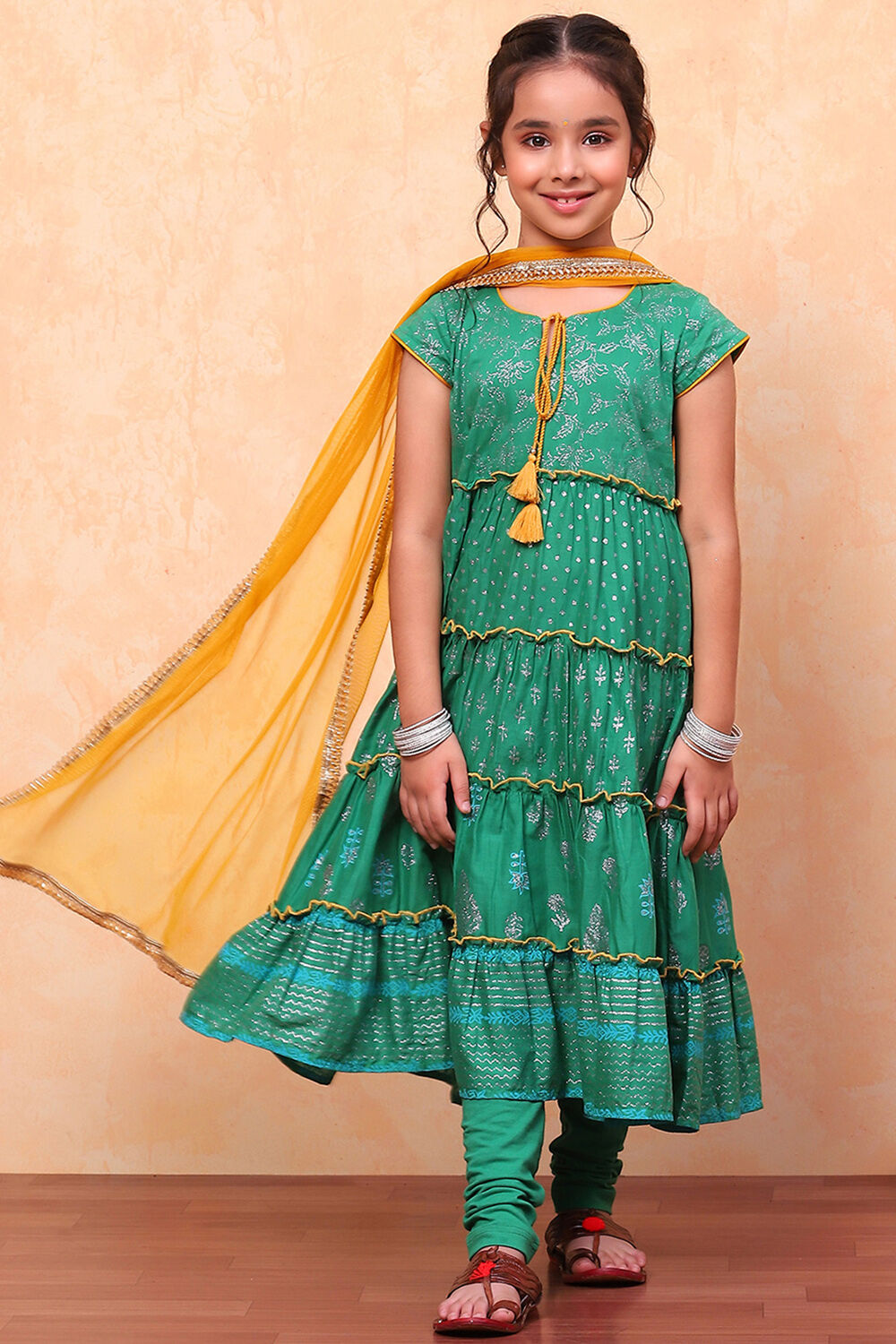 Green Cotton Printed Tiered Festive Flared Suit Set image number 0