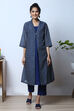 Indigo Art Silk Fusion Kurta Relaxed Pant Suit Set image number 3
