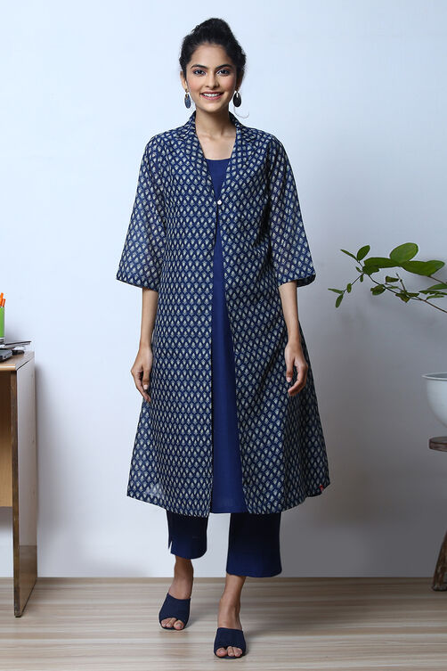 Indigo Art Silk Fusion Kurta Relaxed Pant Suit Set image number 3