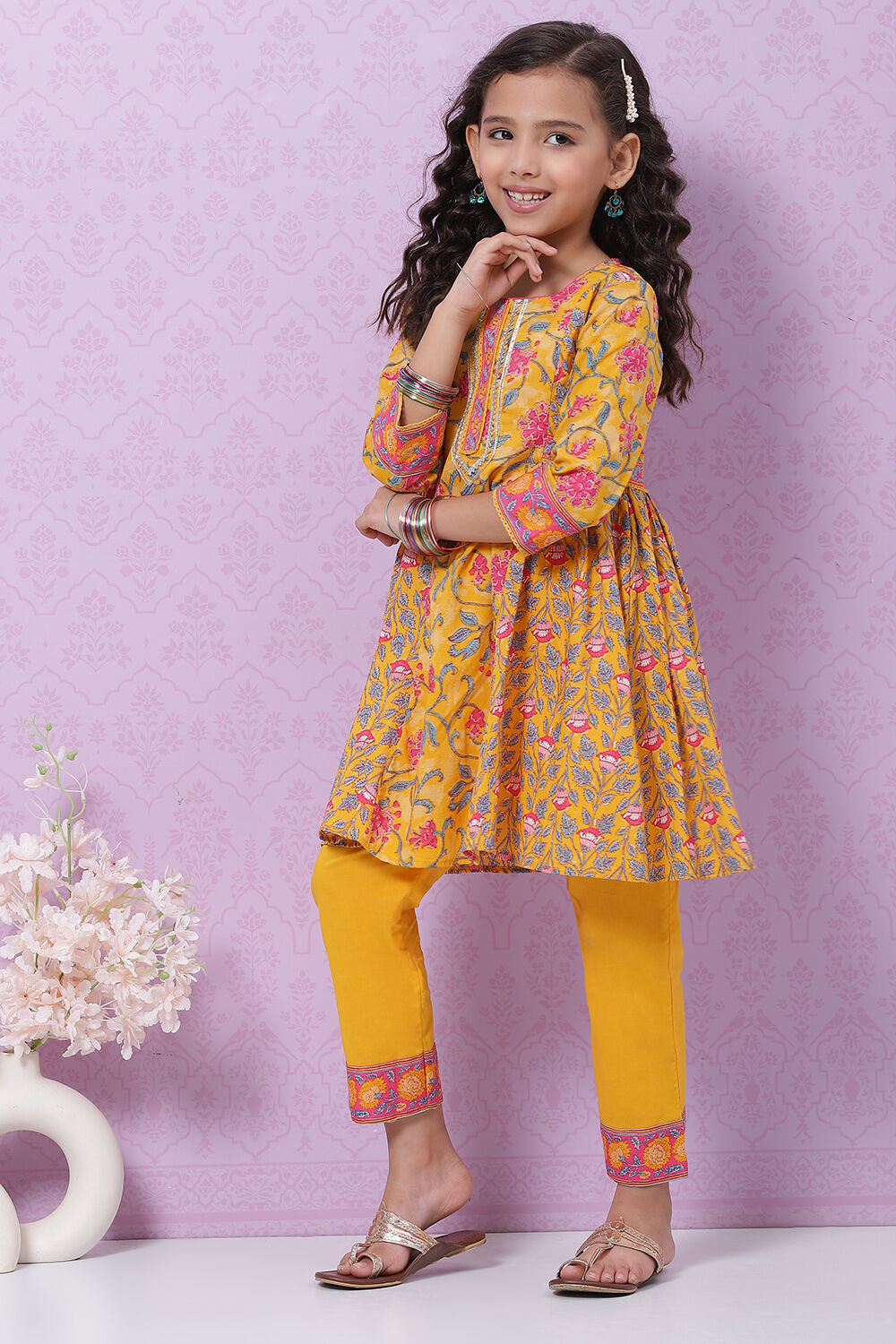 Yellow Cotton Flared Printed Kurta Set image number 6